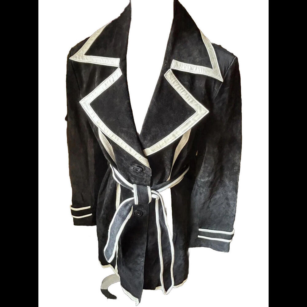 🦄🧥🖤Boston Proper Suede Black White Coat With White Leather Trim Size L